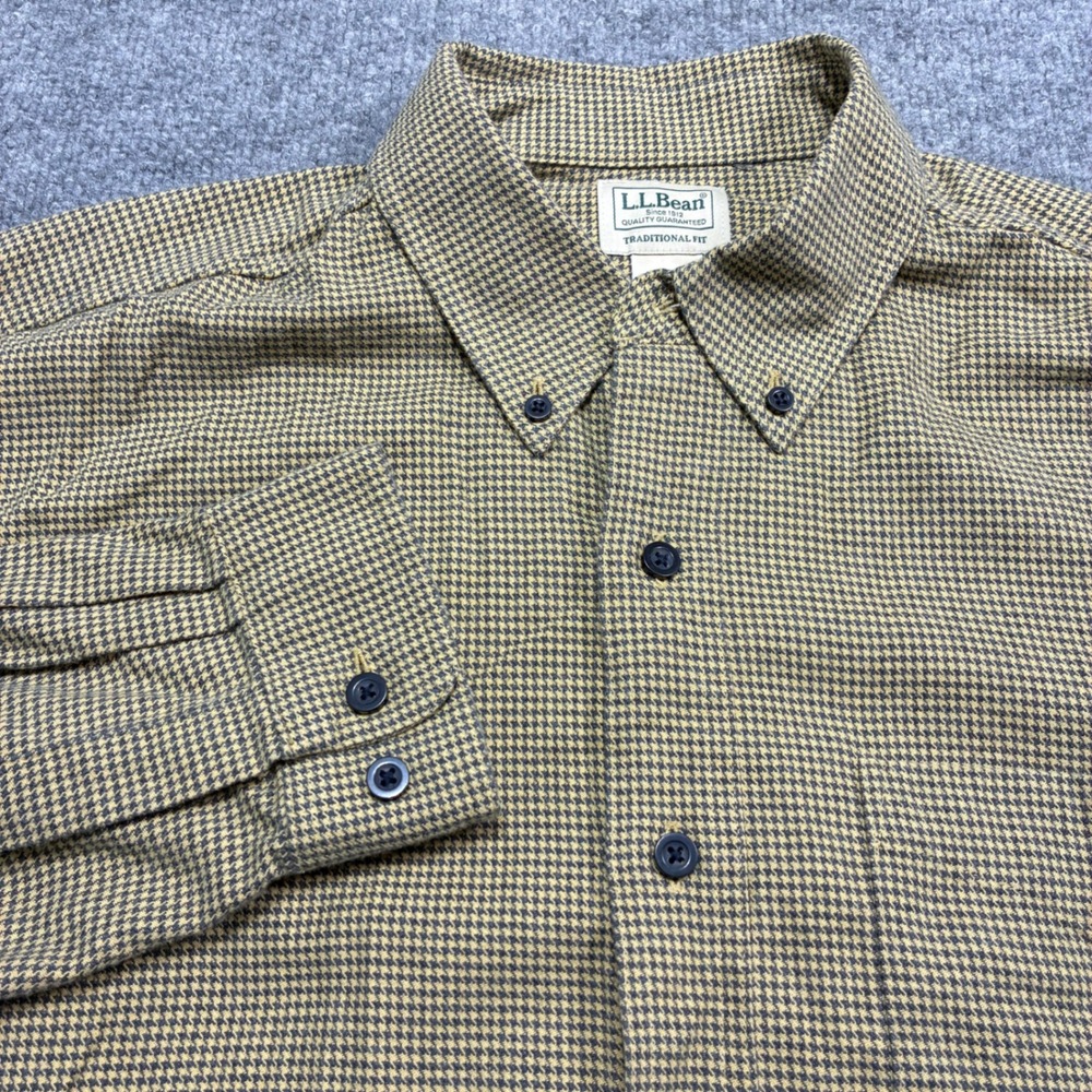 L.L. Bean Shirt Mens L Tan‎ Houndstooth Traditional Fit Cotton Long Sleeve